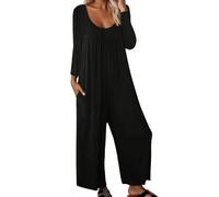 Generisch Mono para mujer, manga larga, cuello redondo, elegante, cintura alta, pierna ancha, mameluco con bolsillos, informal, largo, monocolor, traje de pantalón de una pieza, traje de primavera