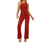 Generisch Mono para mujer Sexy : una pieza elegante Curvy de un solo hombro mono de trabajo con cinturón traje de cuerpo entero pantalones de traje de pierna recta monos monocolores, rojo, M