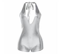 Generisch Mono para mujer, traje de discoteca, look mojado, body metálico, bodycon sin mangas, sin mangas, traje de baño de una pieza, espalda descubierta, cuello en V, Catsuit Playsuit Playsuit