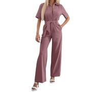 Generisch Mono para mujer, traje de pantalón para mujer, elegante, largo, manga corta, monocolor, festivo, verano, informal, con cinturón, rojo, S