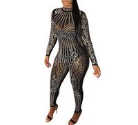 Generisch Mono sexy para mujer, largo con purpurina, elegante, de manga larga con diamantes de imitación, traje de pantalón ajustado, para fiesta, talla única, traje de malla, traje de playa, cintura