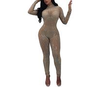 Generisch Mono sexy para mujer, largo con purpurina, elegante, de manga larga con diamantes de imitación, traje de pantalón ajustado, para fiesta, talla única, traje de malla, traje de playa, cintura