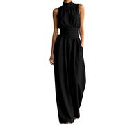 Generisch Mono sin mangas con cuello alto de pierna ancha, veraniego, fluido, pantalones largos, color liso, Negro , S