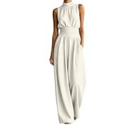 Generisch Mono sin mangas con cuello alto de pierna ancha, veraniego, fluido, pantalones largos, color liso, Blanco, M