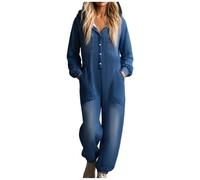 Generisch Mono vaquero para mujer, estilo retro, vaquero, de manga larga, con capucha y bolsillos, suelto, holgado, pierna recta, traje de pantalón vintage desgastado