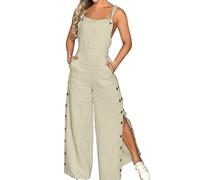 Generisch Monos para mujer festivos de verano sin mangas con nudo torcido de algodón y lino, pantalones de tiras con botones, pantalones largos sueltos con bolsillos, cosplay, beige, M