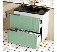 Generisch Mueble de lavabo independiente con lavabo de cerámica integrado y cajones en color verde menta. Diseño moderno con asas de metal negro y patas doradas, cuerpo de MDF, fácil de montar