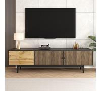 Generisch Mueble de televisión, lowboard con paneles de puerta con patrón de ondas de agua y TRES cajones en un esquema de color de madera y negro.