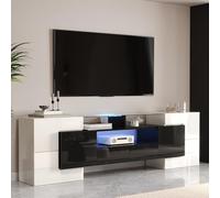 Generisch Mueble de TV blanco brillante negro de 200 cm con iluminación LED - Mueble bajo moderno con espacio de almacenamiento y elegante diseño de cristal para salón