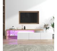 Generisch Mueble de TV moderno blanco brillante y aspecto de madera con iluminación LED, 197,5 cm de largo, 3 armarios, estantes de cristal, solución de almacenamiento elegante para salón (E1 MDF