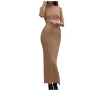 Generisch Mujer 2024 Manga Larga Bodycon Jersey Vestido Cuello Redondo Punto acanalado Maxi Vestido Largo Elegante Cómodo Femenino Moda, caqui, M