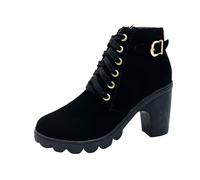 Generisch Mujer Botas Cortas Tacón Y Cortos,Botas De Gamuza Para Mujer,Botines Antideslizantes Color Sólido Zapatos Tacón Bloque Botas De Trabajo, Negro , 36 EU