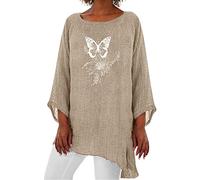 Generisch Mujer Casual Cuello Redondo Diente de León Mariposa Estampado Mangas Algodón Lino Top Jersey Mujer Brillo, caqui, L