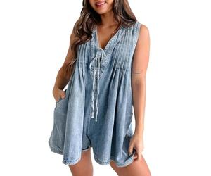 Generisch Mujer Casual Sin Mangas Corbata Delantera Denim Romper Mono Pantalones Cortos Verano Jean Romper Con Bolsillo, azul, M