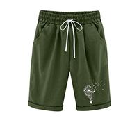 Generisch Mujer Diente de León Impresión Verano Buena Cintura Impresión Pantalones de Lino de Algodón Plus Tamaño Pantalones Cortos Lacing Beach Entrenamiento Pheraus Five Point Pantalones, Verde