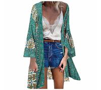 Generisch Mujer Estampado Floral Kimono Chaqueta de Punto Boho Vestido de Playa Pareos Poncho Verano Playa Cardigan Bikini Cover Up Floral Casual Traje de Baño para Vacaciones, verde menta, L