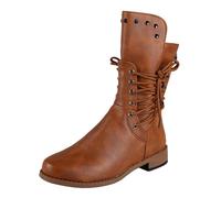 Generisch Mujer Primavera Invierno Botas de Motocicleta De Gran Tamaño,Tacón Redondo Bajo,Tacón Bloque Antideslizante Color Sólido,Cremallera Tacón Bloque Hasta La Pantorrilla Botas Altas, marrón, 35
