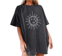 Generisch Mujer Sol Luna Estampado Estampado Casual Manga Corta Tops Blusa Suéter Mujer Sexy Elegante, gris, L