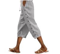 Generisch Mujer Transpirable Rayas Cordón Bolsillo Trasero Hebilla Lateral Capris Casual Pantalones, Blanco, S
