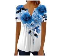 Generisch Mujer Verano D Estampado Sexy Botón Chaqueta de Punto Manga Corta Cuello en V Casual Túnica entallada Ropa Tops Camisa de cola de fuego, azul oscuro, S