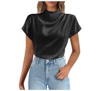 Generisch Mujer Verano Satén Casual Volantes Manga Corta Cuello Redondo Tops Negro Top Mujer Sexy, Negro , XL