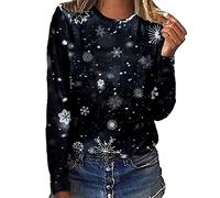 Generisch Mujeres Casual Cuello Redondo Invierno Navidad Impreso O Cuello Manga Larga Camiseta Top Lloro Mujer Negro, H, XXL