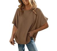Generisch Mujeres Casual Manga Corta Color Sólido Textura Suelta Tejer Túnica Tops Blusas Techno Traje, caqui, M