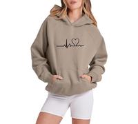 Generisch Mujeres Casual Manga Larga Estampado Cordón Suéter Sudadera con Capucha Bloque de Color Sudadera Tops Suéter Mi Cuenta, caqui, M