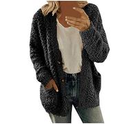 Generisch Mujeres Casual Plus Tamaño Plush Suéter Bolsillos Ropa Exterior Botones Cardigan Coat, Negro , M