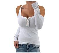 Generisch Mujeres Casual Sexy Cuello Redondo Manga Larga Color Botón Top Blusa Sexy Tops Damas Fiesta, Blanco, XXL