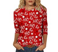 Generisch Mujeres Daily Christmas Deer Print O Neck Tops Mangas Cuello Redondo Camiseta Impreso Loose Side Split Blusa Túnica Hombro Descubierto Top Mujer, rojo, L