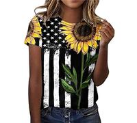 Generisch Mujeres Daily Flower Flag Print O Neck Tops Manga Corta Cuello Redondo Camiseta Impreso Loose Side Split Blusa Túnica Envoltura Top Mujer, Negro , S