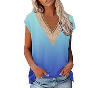 Generisch Mujeres Daily Print V-cuello Tops manga corta cuello de encaje camiseta estampada Loose Side Split blusa túnica mangas abullonadas, azul celeste, XL