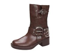 Generisch Mujeres e Invierno Suela Gruesa Botas de Vaquero Británicas Hebilla de Cinturón Botas de Pantorrilla Media Mujer Blanca 42, marrón, 40 EU
