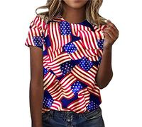 Generisch Mujeres Flag Print O Neck Tops Manga Corta Cuello Redondo Camiseta Impreso Loose Side Split Blusa Túnica 2 Piezas Mujer Elegante, azul, M
