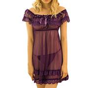 Generisch Mujeres Mangas Cortas Encaje Satén Camisones Pijamas Pijamas, morado, 5XL