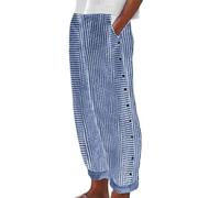 Generisch Mujeres Moda Rayas Impresión Botón Casual Versátil Holgado Nine Point Pantalones, azul, S