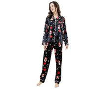 Generisch Mujeres Navidad Muñeco de Nieve Candy Print Invierno Cómodo Casual Casa Ropa Manga Larga Pantalones Pijama Conjunto, Negro , L