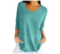 Generisch Mujeres Primavera Casual Manga 3/4 Color sólido Cuello en V Suéter Suelto Suéter de Punto Tops Mangas Trompeta Blusa, verde menta, L