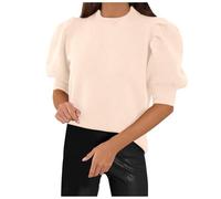 Generisch Mujeres Puff Manga Corta Suéter Tops 2024 Primavera Verano Casual Blusas con Cuello Cuadrado Crew, beige, L