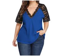 Generisch Mujeres Sexy Blusas V-cuello Elegante Encaje Manga Corta Cintura Plus Tamaño Colorido Blusa, azul, XL