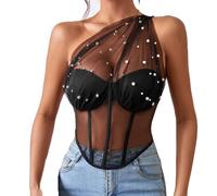 Generisch Mujeres Sexy Malla Fishbone Costuras Correa Diseño Sensación de Personalidad Chaleco Irregular Top Halloween Red Negro, Negro , M