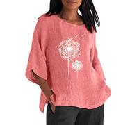 Generisch Mujeres Verano Algodón Lino Top Moda Plus Tamaño Camiseta Cuello Redondo Media Manga Larga Jacquard Blusas Suelta Túnica Camiseta Casaca Negro Mujer, Rosa., L