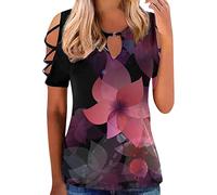 Generisch Mujeres Verano Casual Sexy Moda Hueco Manga Corta Anillo Botón Estampado Manga Corta T-shirt Top Cut Out Body, Rosa., XL