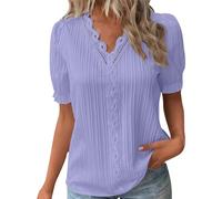 Generisch Mujeres Verano Encaje Cuello en V Color sólido Encaje Elegante Camisa Moda Color sólido Elegante Blusa Manga Corta Cómodo Suave T es Top, morado, XL