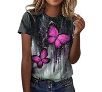 Generisch Mujeres Verano Moda Casual Floral Impreso Manga Corta Cuello O Jersey Tops Es Brillo Top, Rosa., L