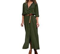 Generisch Mujeres Vestido Camisero Casual de Color Sólido con Botones Largo de Manga Larga con Solapa Elegante Vestido Casual Largo con Cinturón Vestido de Verano, verde, XXL