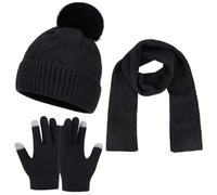 Generisch Mujeres y hombres invierno cálido lindo gorro de lana bufanda guantes tres piezas invierno gorro de punto pantalla mitones bufandas conjuntos invierno mujer, Negro , Talla única