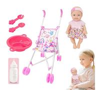 Generisch Muñeca con cochecito - Silla de comedor, accesorios para muñecas infantiles, muñeca suave de 25,4 cm (10 pulgadas), incluye cochecito y juego de accesorios de alimentación, juego de juguetes