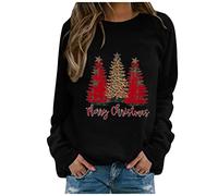 Generisch Navidad mujer invierno árbol de Navidad estampado manga larga Slim Fit ligero suéter cuello redondo sudadera casual tops pendientes diferentes tamaños, Negro , M